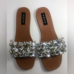 Aqua Womens Paris Slides Sandals Brown Rhinestone Flat Heel Slip On Size 8.5